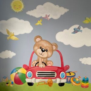 Pintura mural artesanal: osito al volante